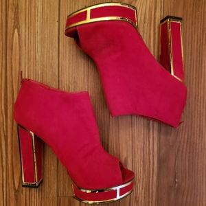Liliana Red Velvet Metallic Gold Platform Booties